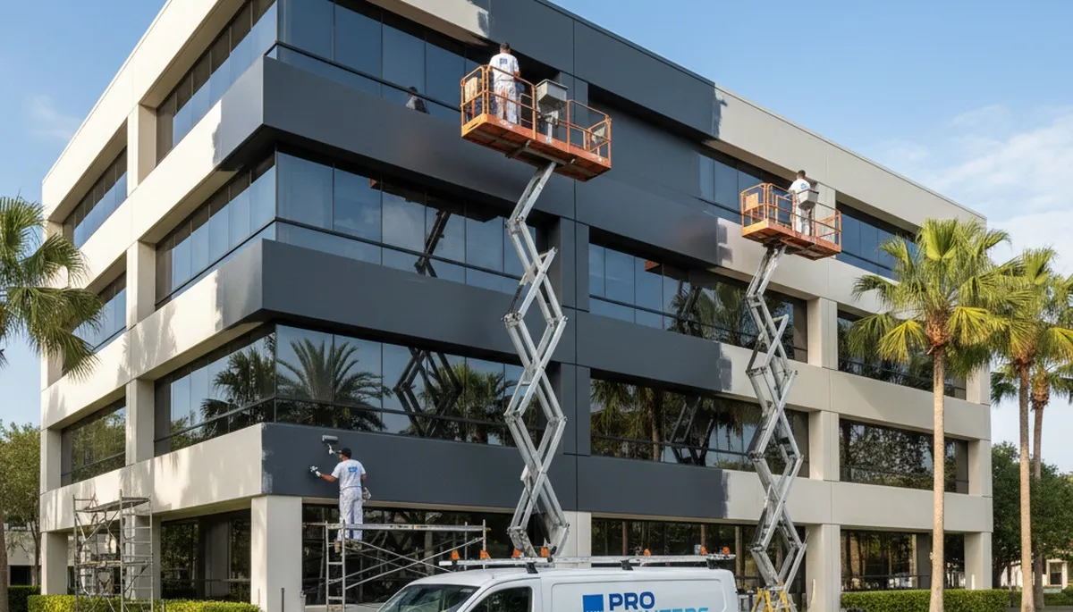 Professional commercial painters working on an office building exterior in Troy, MI