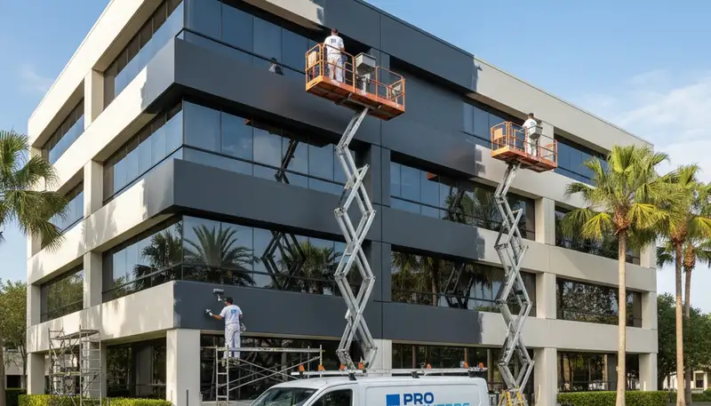 Professional commercial painters working on an office building exterior in Troy, MI