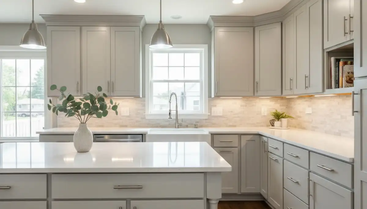 Refinished kitchen cabinets in Troy, MI with smooth, durable paint finish by local commercial painters