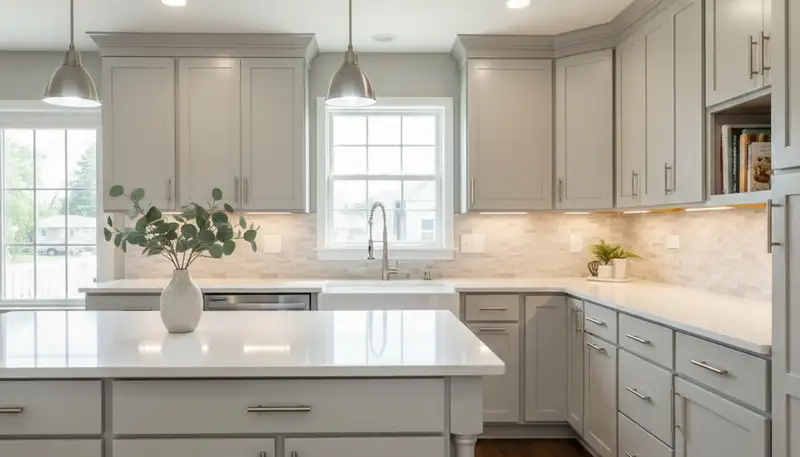 Refinished kitchen cabinets in Troy, MI with smooth, durable paint finish by local commercial painters