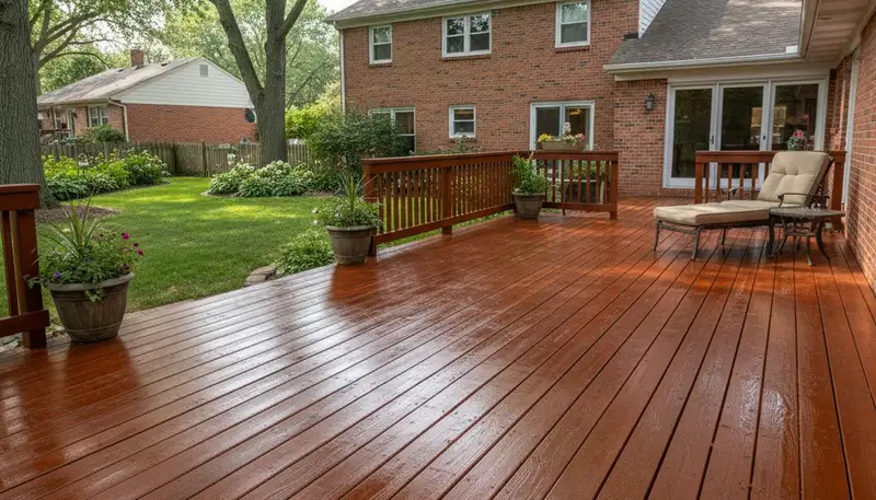 Finished deck staining in Troy, MI highlighting rich wood color and weather-resistant professional finish