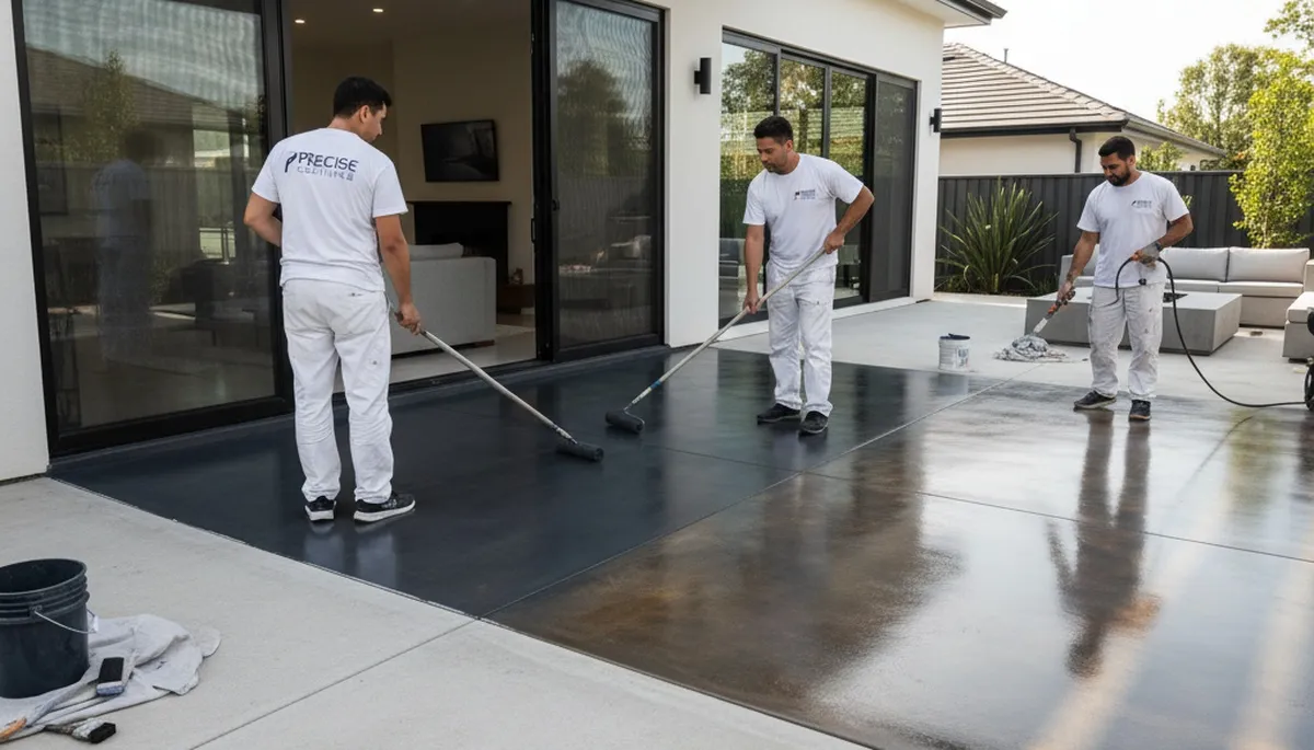 Professional concrete staining on driveway in Troy, MI by local house painting experts