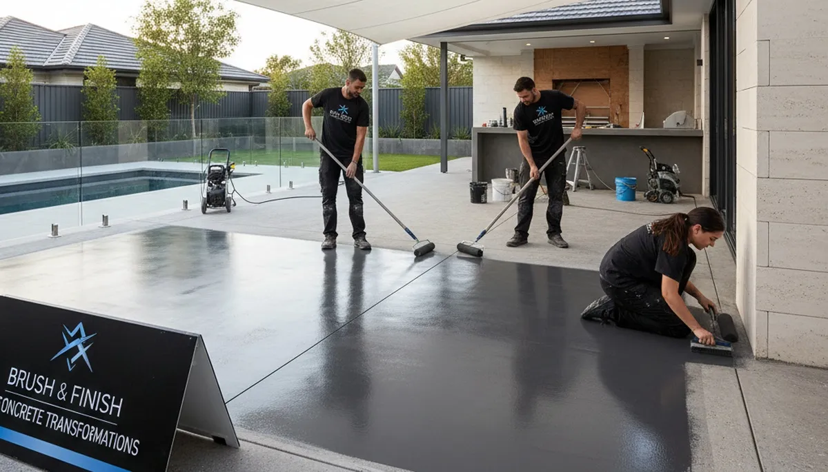 Concrete staining on residential patio in Troy, MI by local house painters for durable decorative finish