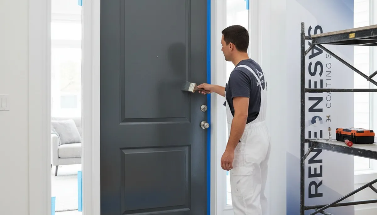 Professional door painting service in Troy, MI restoring exterior wood entry door finish