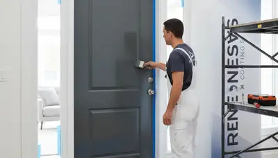 Professional door painting service in Troy, MI restoring exterior wood entry door finish