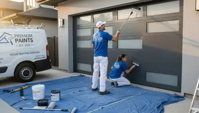 Professional garage door painting in Troy, MI by expert house painters enhancing curb appeal