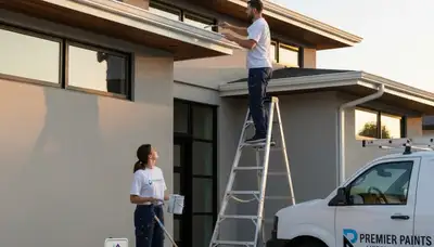 Professional gutter painting on a suburban home in Troy, MI by local house painters