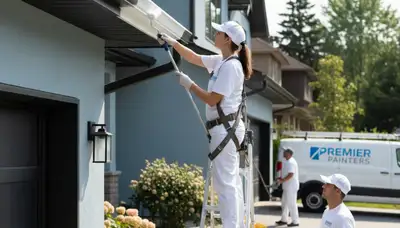 Professional gutter painters finishing aluminum gutters on a Troy, MI home exterior