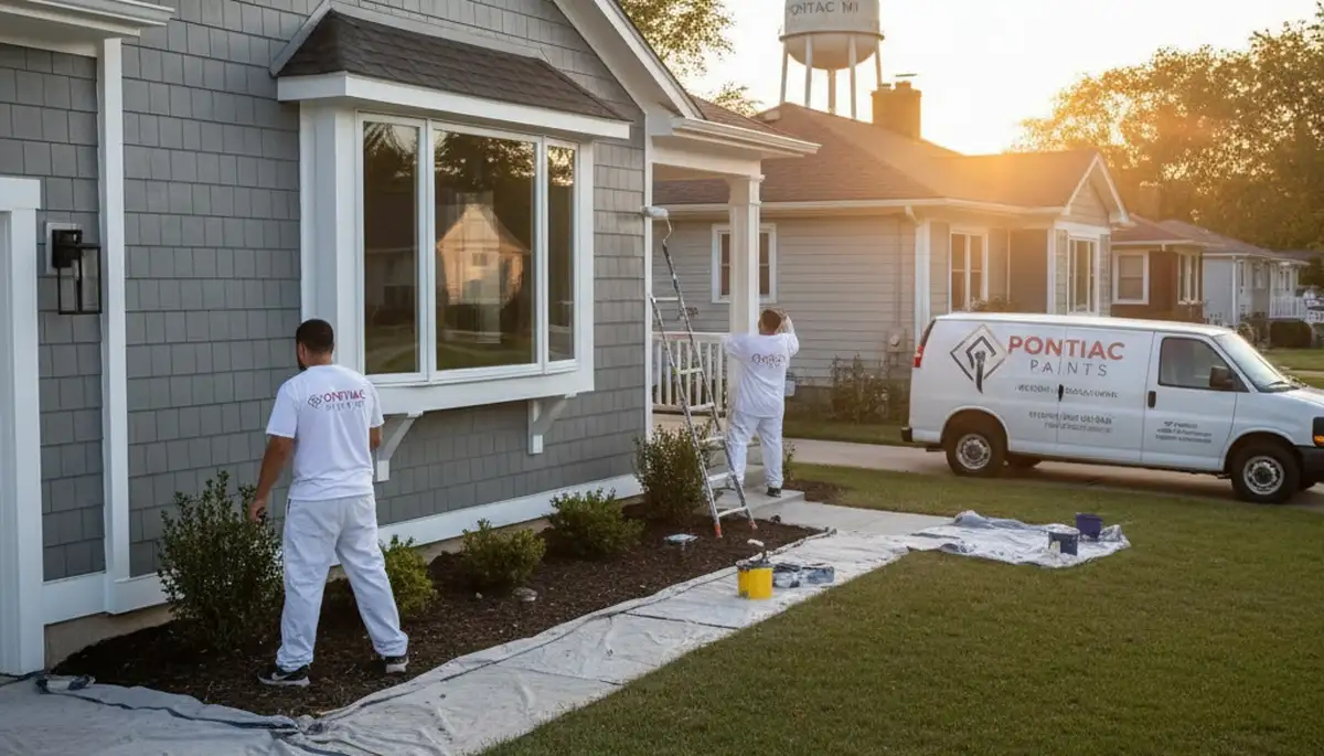 Professional house painters working on residential exterior in Troy, MI