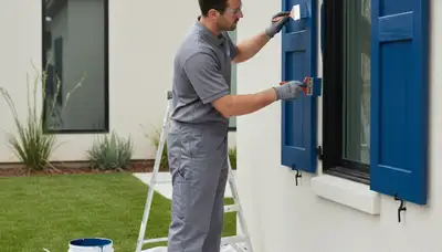 Professional shutter painting and refinishing on a Troy, MI home exterior by expert painters