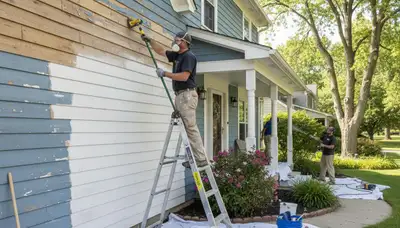 Painter performing exterior surface preparation on Troy, MI home for long-lasting paint adhesion