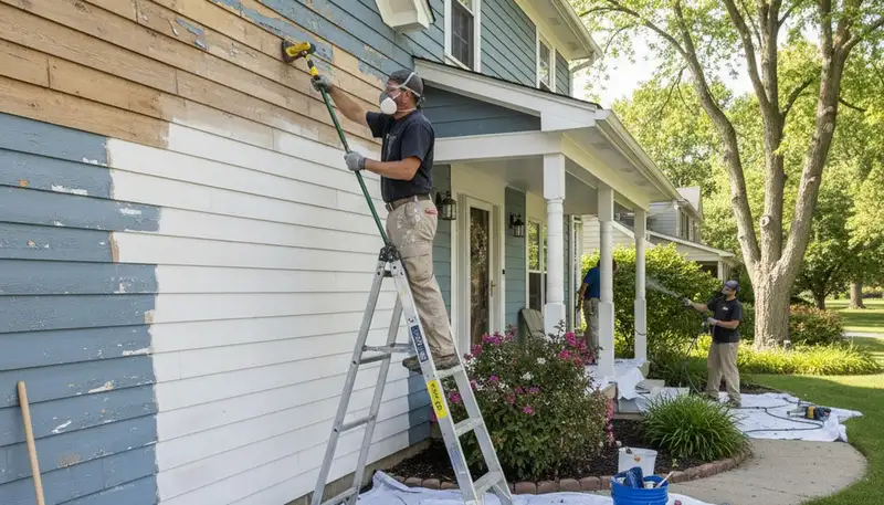 Painter performing exterior surface preparation on Troy, MI home for long-lasting paint adhesion