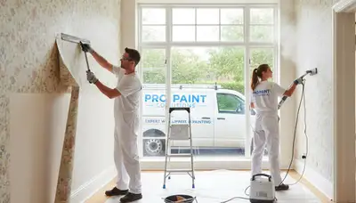 Professional wallpaper removal by house painters in Troy, MI preparing walls for fresh paint