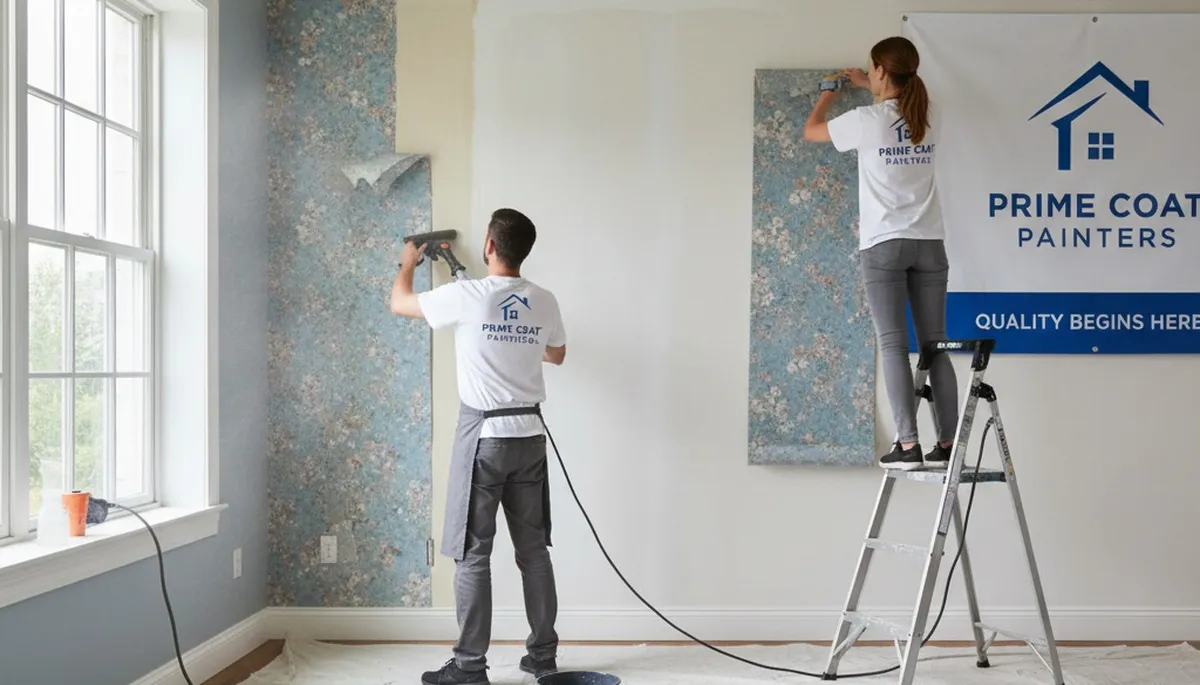 Professional wallpaper removal by house painters in Troy, MI preparing walls for fresh paint