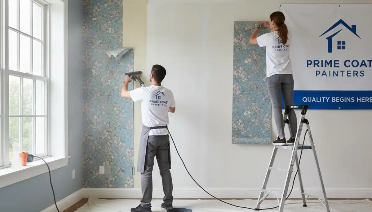 Professional wallpaper removal by house painters in Troy, MI preparing walls for fresh paint